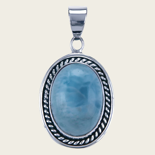Zilveren Larimar edelsteen ovaal met kabelrand kettinghanger