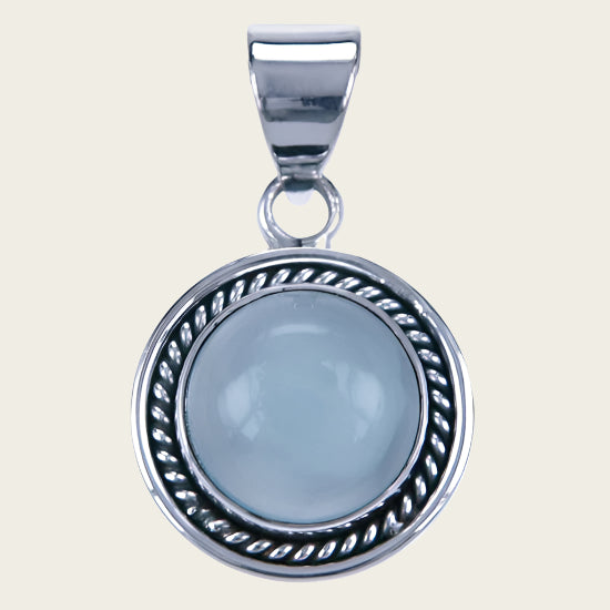 Silver Chalcedony Aqua Gemstone Round with Cable Edge Necklace Pendant