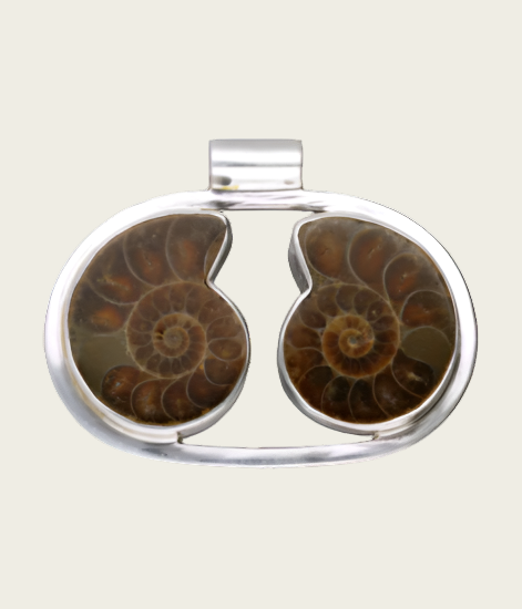 Zilveren Ammoniet versteende schelp duo XL kettinghanger