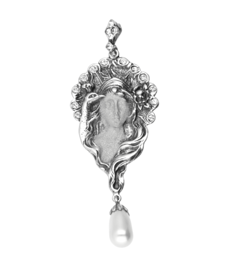 Zilveren Vrouwengezicht met swarovski en parel Art Nouveau Jugendstil XL hanger