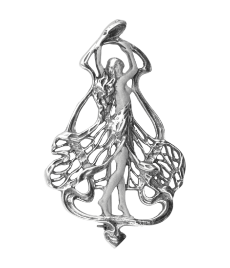 Zilveren Vrouw in opengewerkte jurk Art Nouveau Jugendstil XL hanger en broche