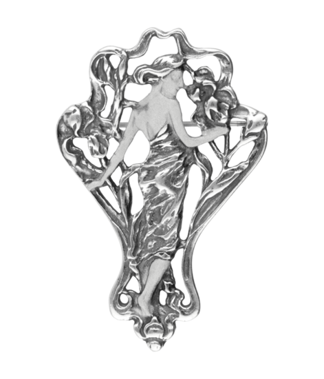 Zilveren Vrouw kijkt achterom Art Nouveau Jugendstil XL hanger en broche