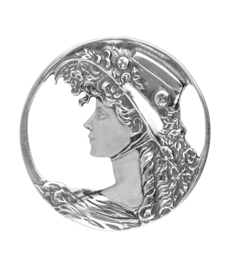 Zilveren Vrouwengezicht met hoed Art Nouveau Jugendstil XL hanger en broche