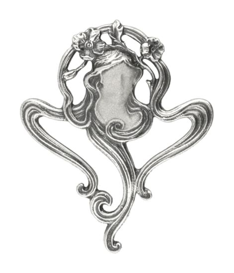 Zilveren Vrouwengezicht met krullend haar Art Nouveau Jugendstil XL hanger en broche