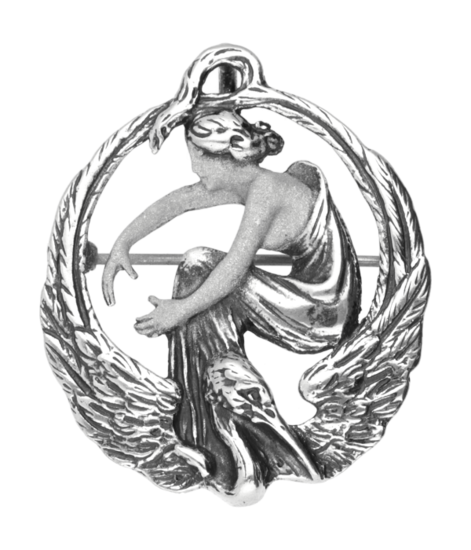 Zilveren Vrouw met overgang Kraanvogel Art Nouveau Jugendstil XL hanger en broche