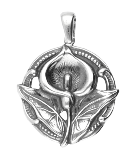 Silver Calla flower round Art Nouveau Jugendstil pendant