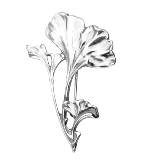 Zilveren Ginkgo blad aan tak Art Nouveau Jugendstil XL hanger en broche
