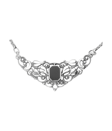 Zilveren Vrije vorm met zwarte inleg Art Nouveau Jugendstil hanger + ketting 45 cm