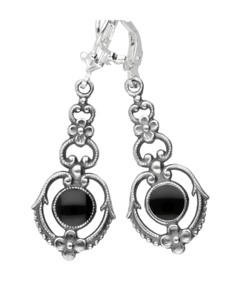 Zilveren Pendel bloem met zwarte emaille Art Nouveau Jugendstil oorhanger
