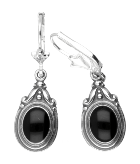 Silver Pendulum oval with black enamel Art Nouveau Jugendstil earring