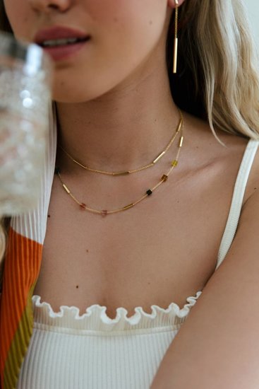 Gouden Ketting met toermalijn edelstenen en gouden staafjes in 14 karaat 585 geelgoud