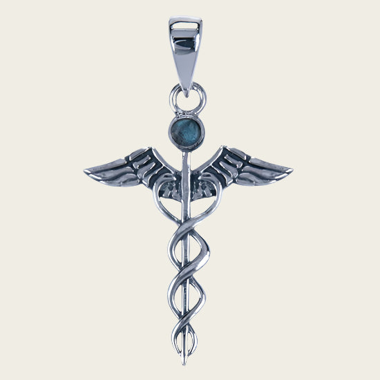 Zilveren Mercurius staf met maansteen ketting hanger