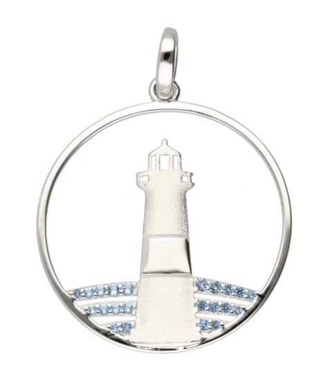 Zilveren Vuurtoren aan zee in ring met blauwe kristallen groot