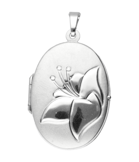 Zilveren Medaillon ovaal mat met bloem glans 2 foto's ketting hanger