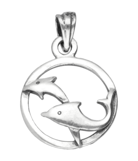 Silver Dolphins in ring necklace pendant