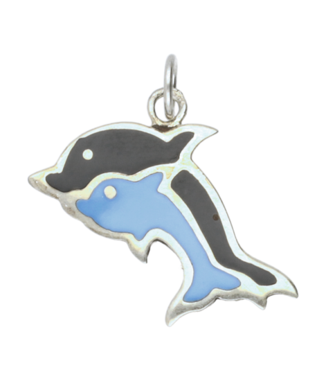 Silver Dolphins with blue enamel necklace pendant