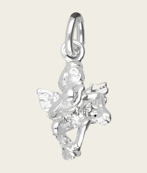 Silver Angel Playing on Small Harp Necklace Pendant