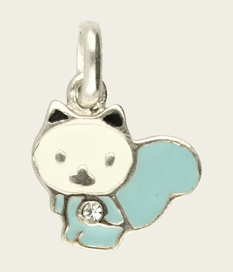 Zilveren Poes met emaille turquoise en wit kettinghanger