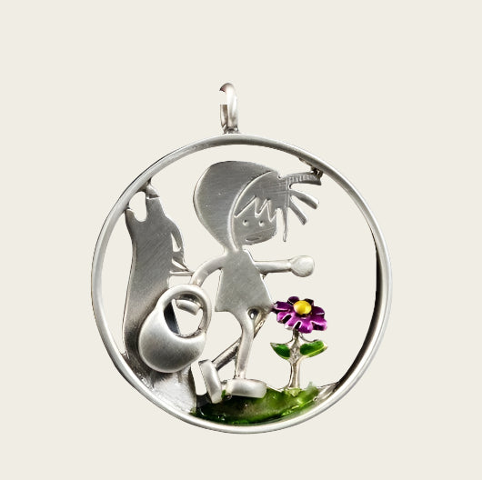 Silver Little Red Riding Hood in the forest in a ring necklace pendant