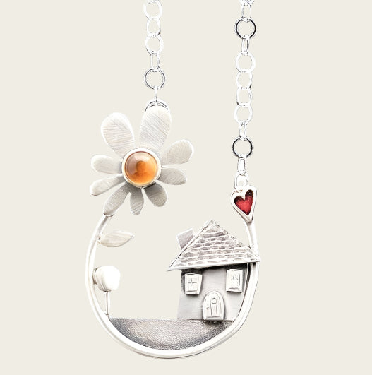 Zilveren Huis met madelief Margriet met hartje en jasseron ketting 55 cm kettinghanger