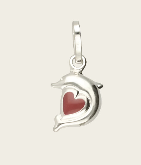 Silver Dolphin with red heart small necklace pendant