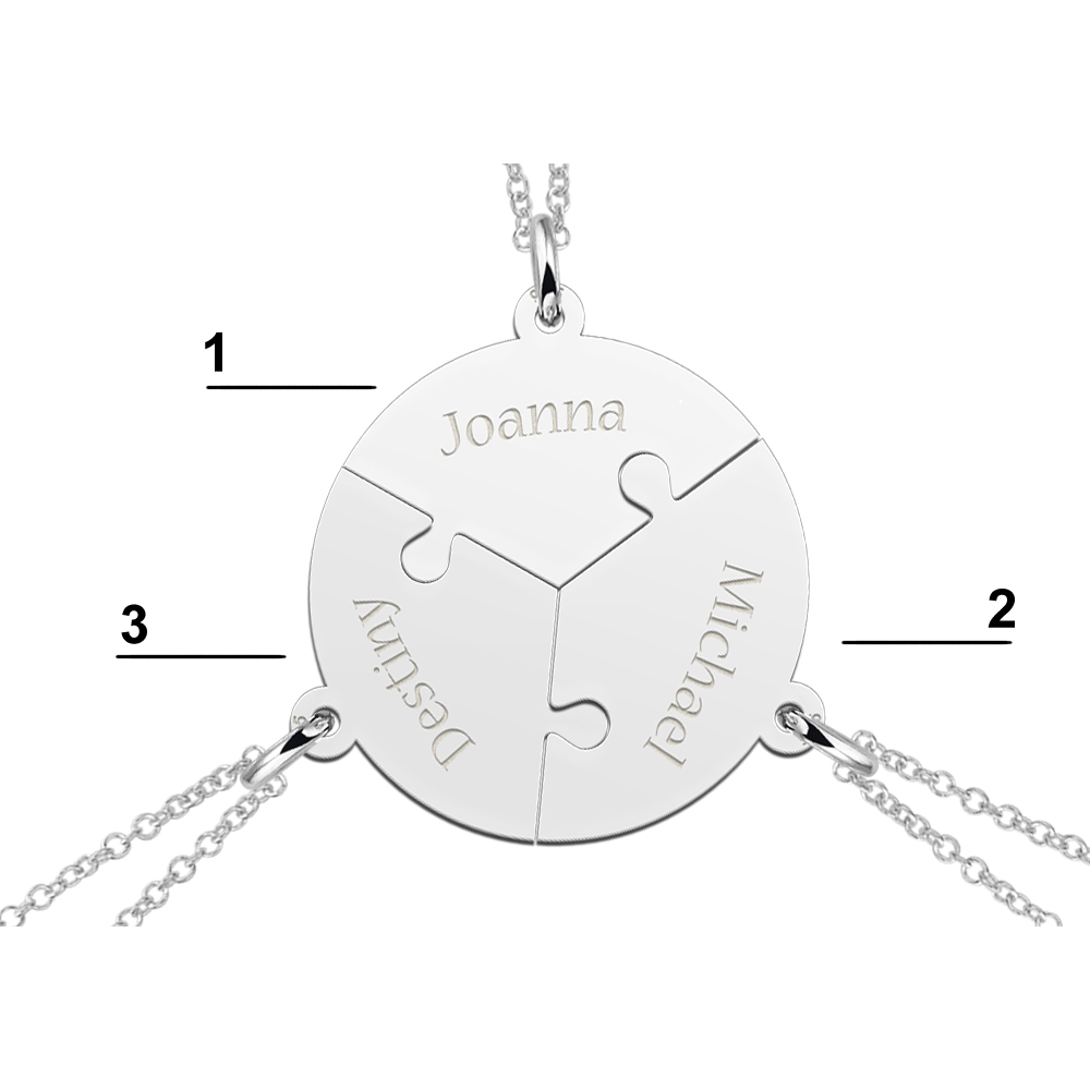 Zilveren graveerplaatje breekhanger Puzzelbol trio ketting hanger Zilveren-vriendschapsketting-rond-drie-puzzelstukjes