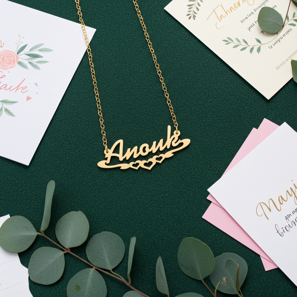 Gouden Naamketting lettertype Anouk met hartjes