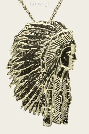 Golden Indian with headdress large necklace pendant
