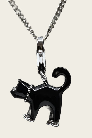 Zilveren Kat staand zwart hanger en/of bedel