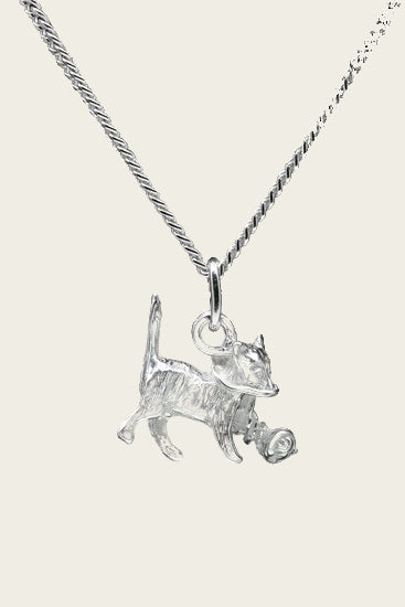 Zilveren Poes ketting hanger - bolletje wol