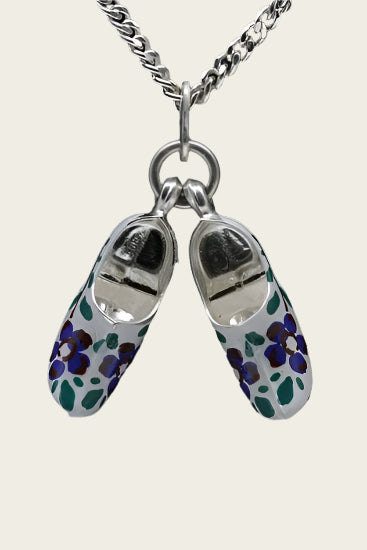 Zilveren Klompen ketting hanger - blauwe bloem