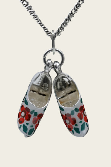 Zilveren Klompen ketting hanger - rode bloem