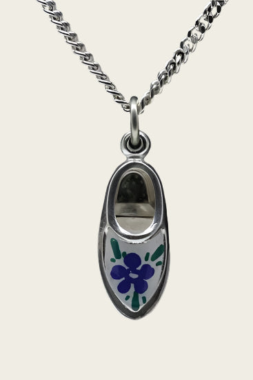 Zilveren Klompschoen ketting hanger - blauwe bloem