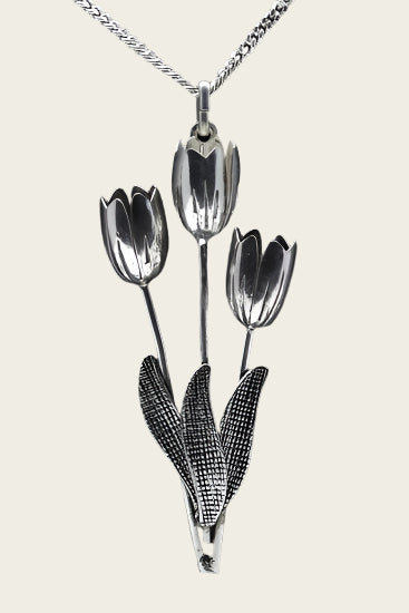 Zilveren Tulpen ketting hanger - trio