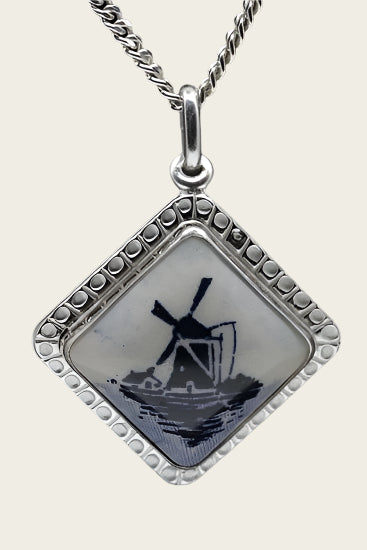 Zilveren Ruit molen Delftsblauw ketting hanger