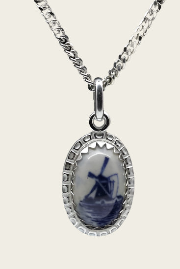 Zilveren Molen Delftsblauw ovaal 12mm ketting hanger