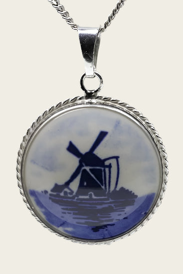 Zilveren Molen Delftsblauw rond 26mm ketting hanger