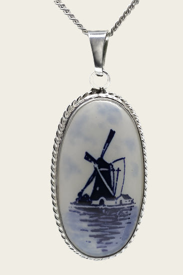Zilveren Molen Delftsblauw ovaal 36mm ketting hanger