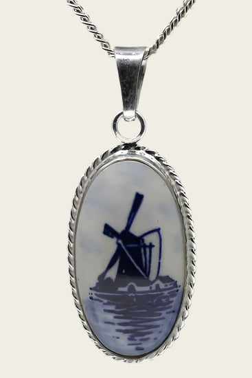 Zilveren Molen Delftsblauw ovaal 28mm ketting hanger