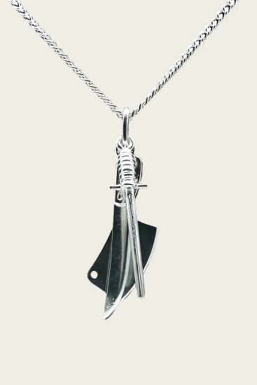 Zilveren Slager messenset ketting hanger