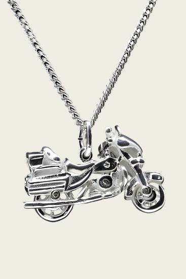 Zilveren Motor met draaiend achterwiel ketting hanger