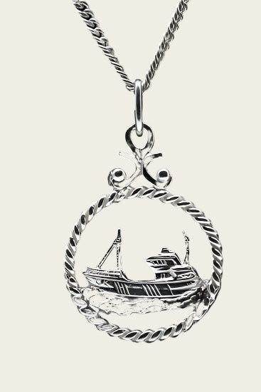 Zilveren Vissersboot - Viskotter in ring ketting hanger - middel