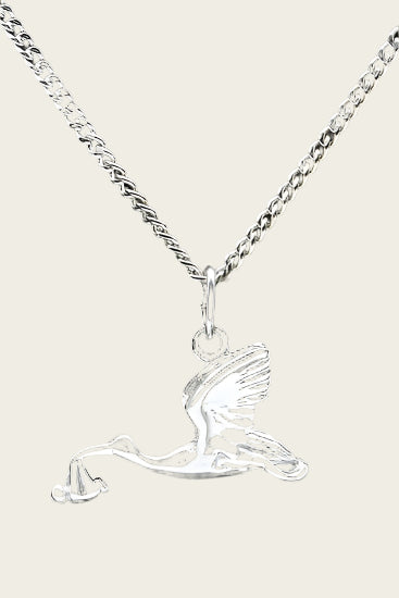 Zilveren Ooievaar met baby ketting hanger