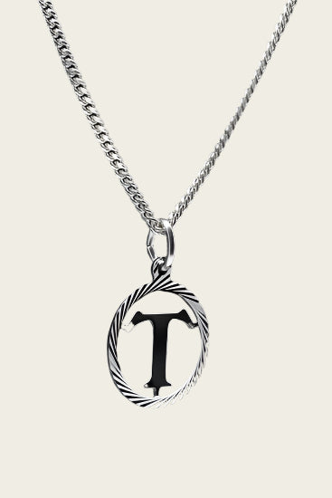 Zilveren Letter T ketting hanger - rond