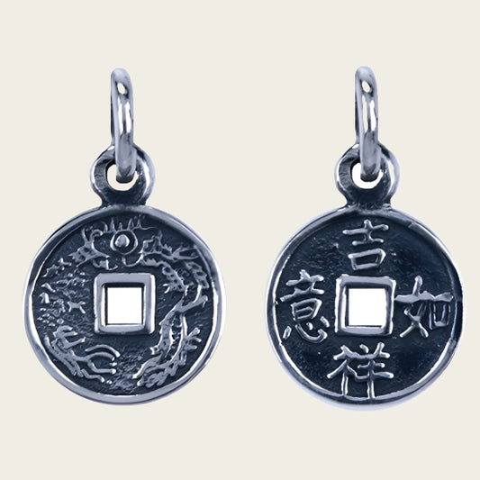 Zilveren I-Tjing muntje ketting hanger
