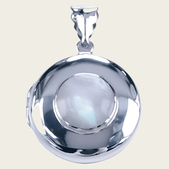 Zilveren Foto medaillon rond 28mm ketting hanger - witte schelp - 2 foto's