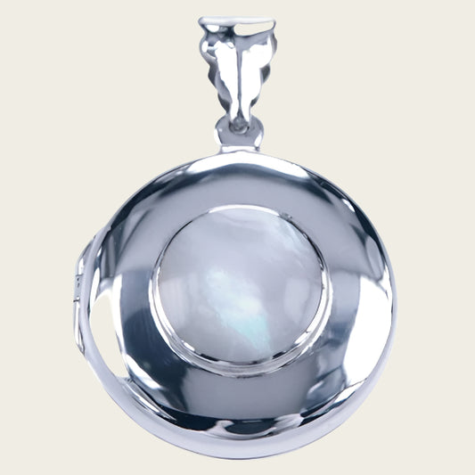 Zilveren Foto medaillon rond 28mm ketting hanger - witte schelp - 2 foto's