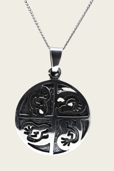 Zilveren Indiaan Kokopelli rond kwartet hopi style ketting hanger