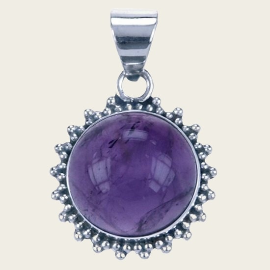 Silver Amethyst round with serrated edge necklace pendant