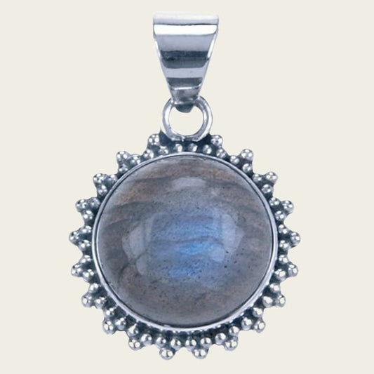 Zilveren Labradoriet rond met kartelrand ketting hanger